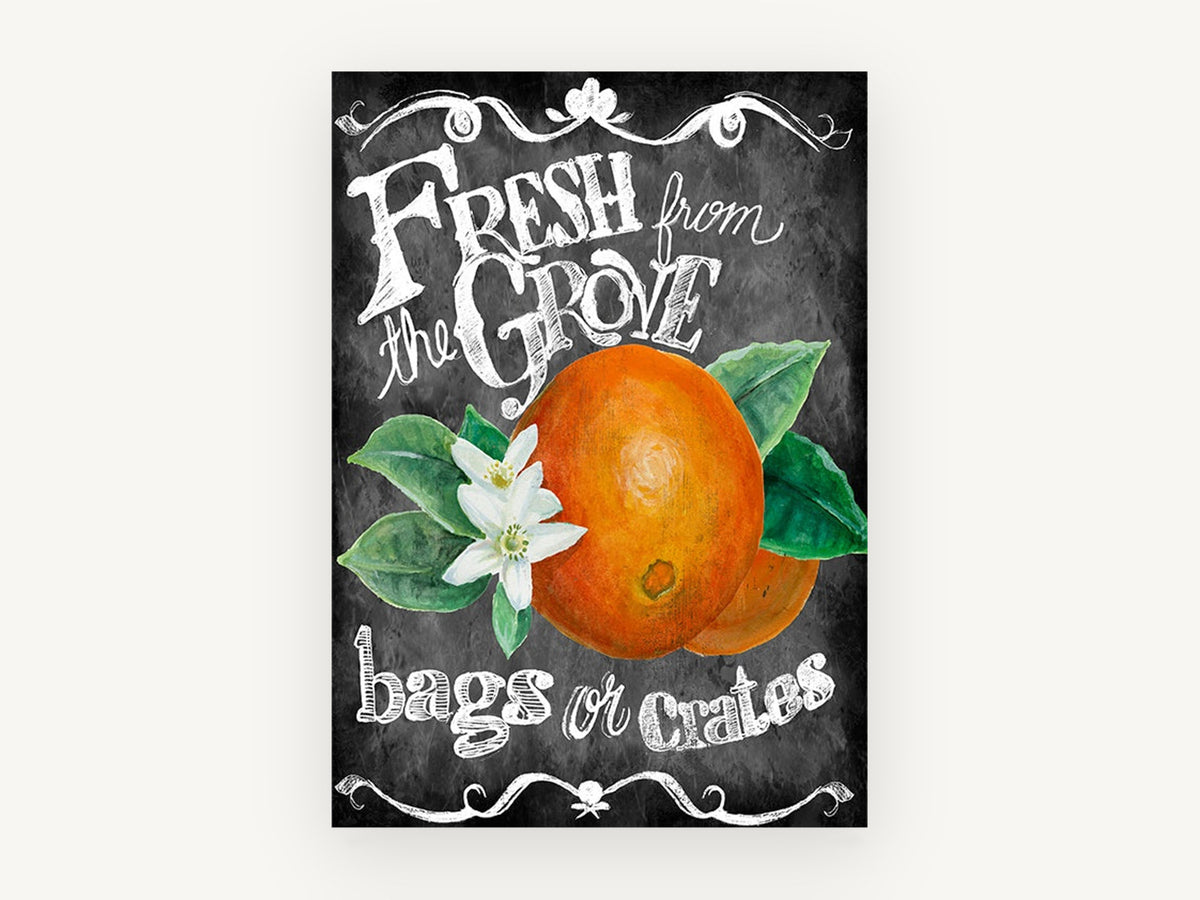 Orange Grove Chalkboard, floral canvas wall art print, front view