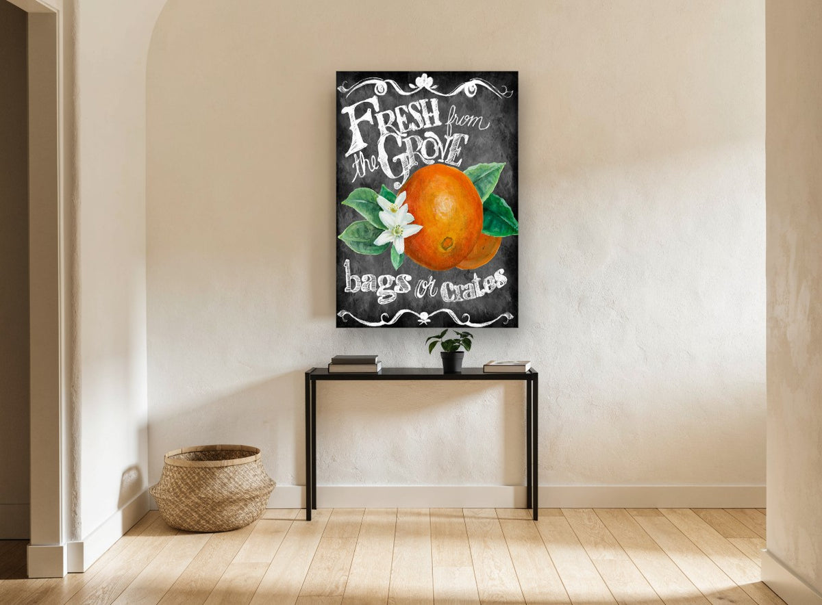 Orange Grove Chalkboard floral canvas print on the wall of a hallway
