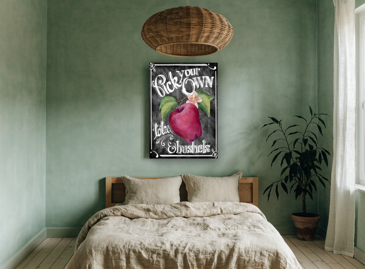 Apple Orchard Chalkboard floral canvas print on the wall of a bedroom