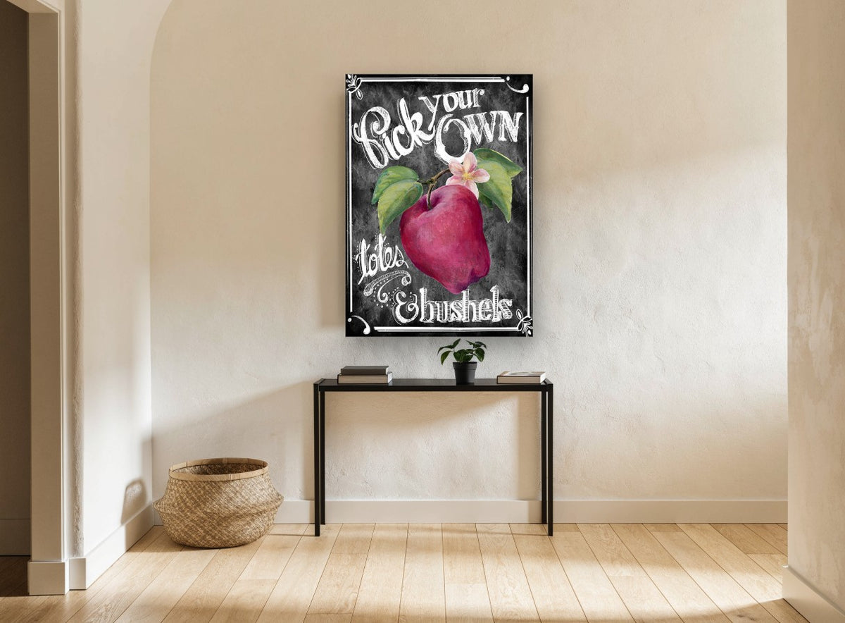 Apple Orchard Chalkboard floral canvas print on the wall of a hallway