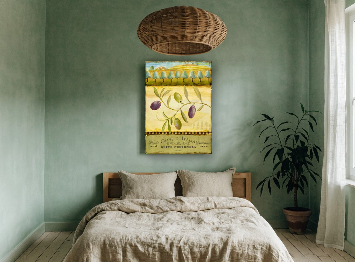 Olive Branch Puglia floral canvas print on the wall of a bedroom