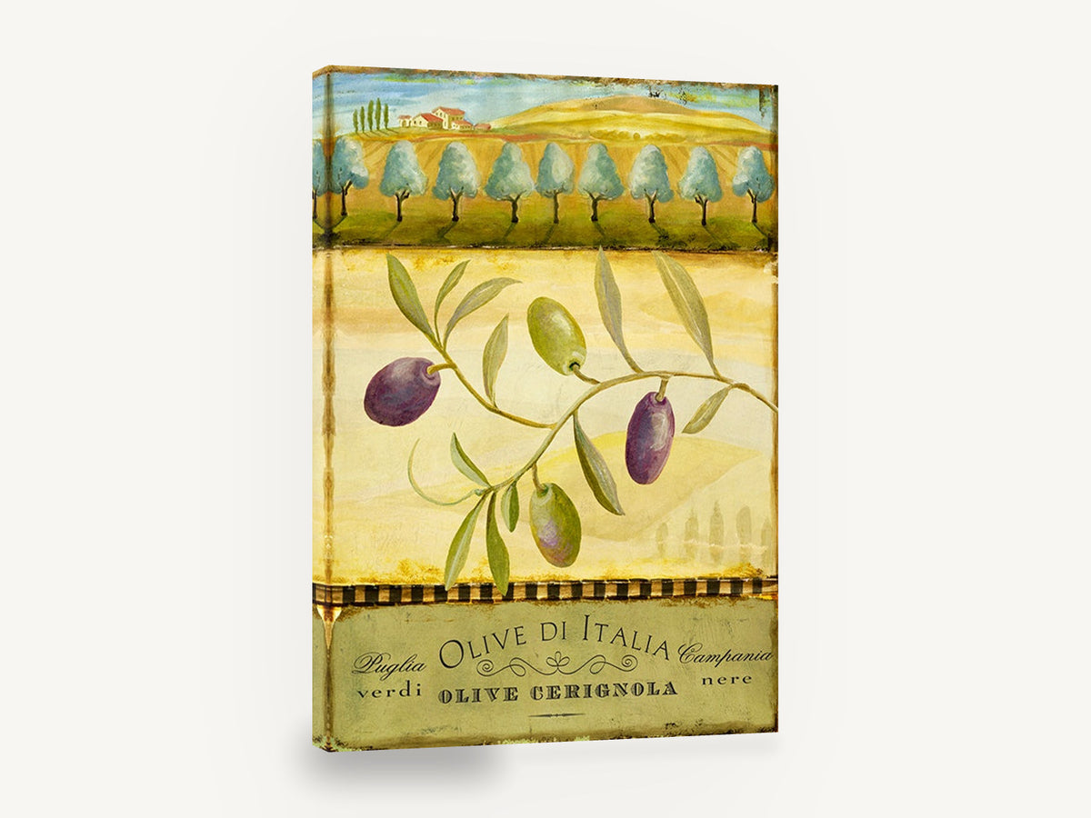 Olive Branch Puglia, olive branch italian vintage label, floral canvas wall art print ready to hang