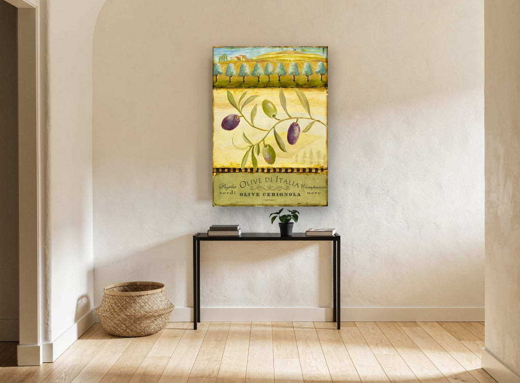 Olive Branch Puglia floral canvas print on the wall of a hallway
