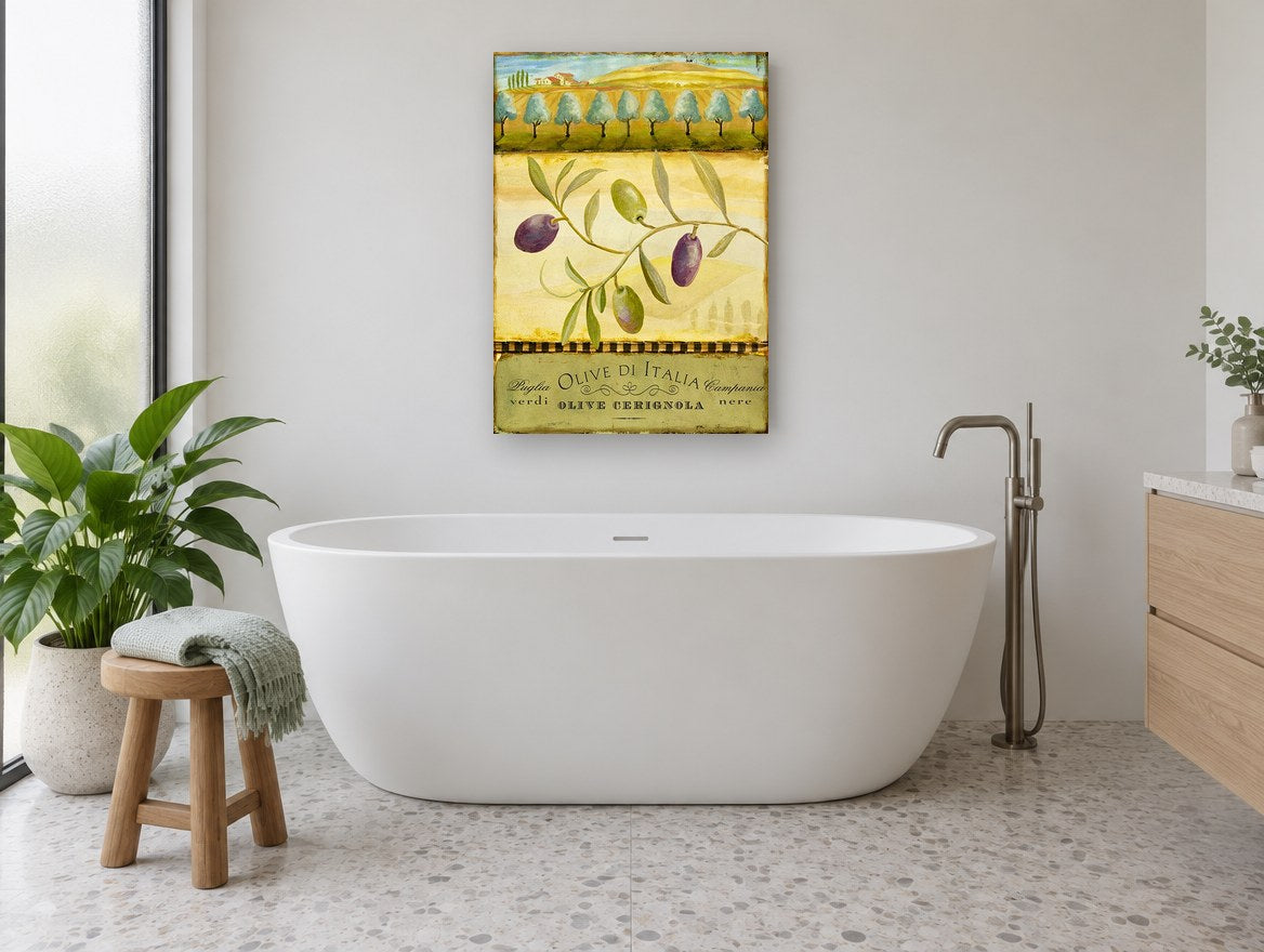 Olive Branch Puglia floral canvas print on the wall of a bathroom