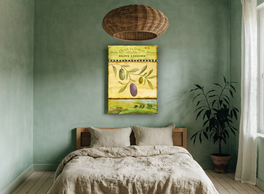 Tuscan Olive Branch floral canvas print on the wall of a bedroom