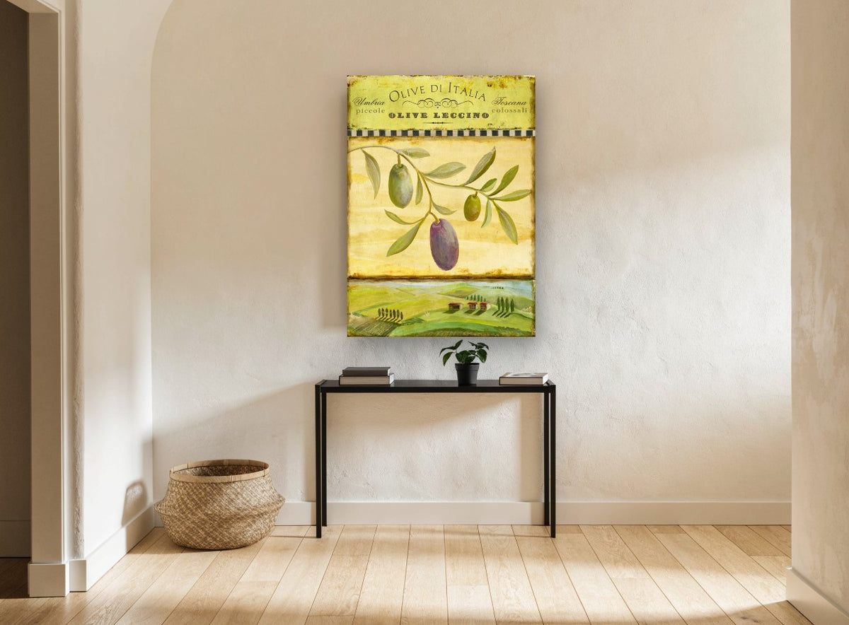 Tuscan Olive Branch floral canvas print on the wall of a hallway