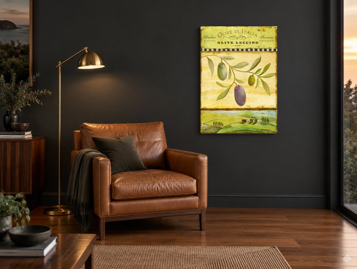 Tuscan Olive Branch floral canvas print on the wall of a charcoal living room