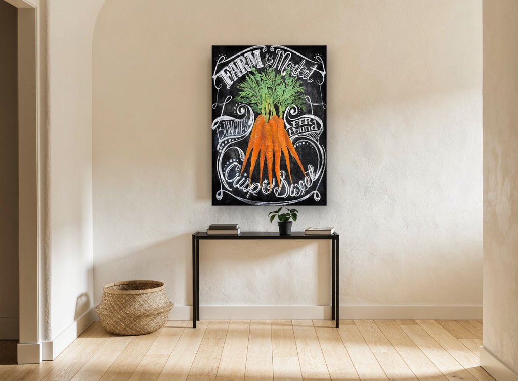 Farm Market Carrots floral canvas print on the wall of a hallway