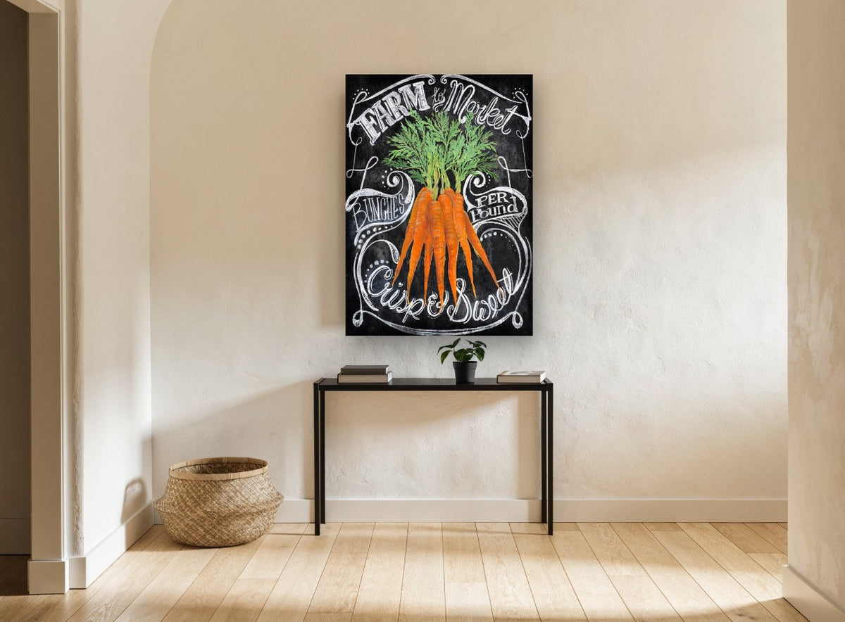 Farm Market Carrots floral canvas print on the wall of a hallway