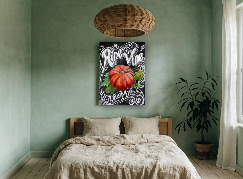 Ripe Heirloom Chalkboard floral canvas print on the wall of a bedroom