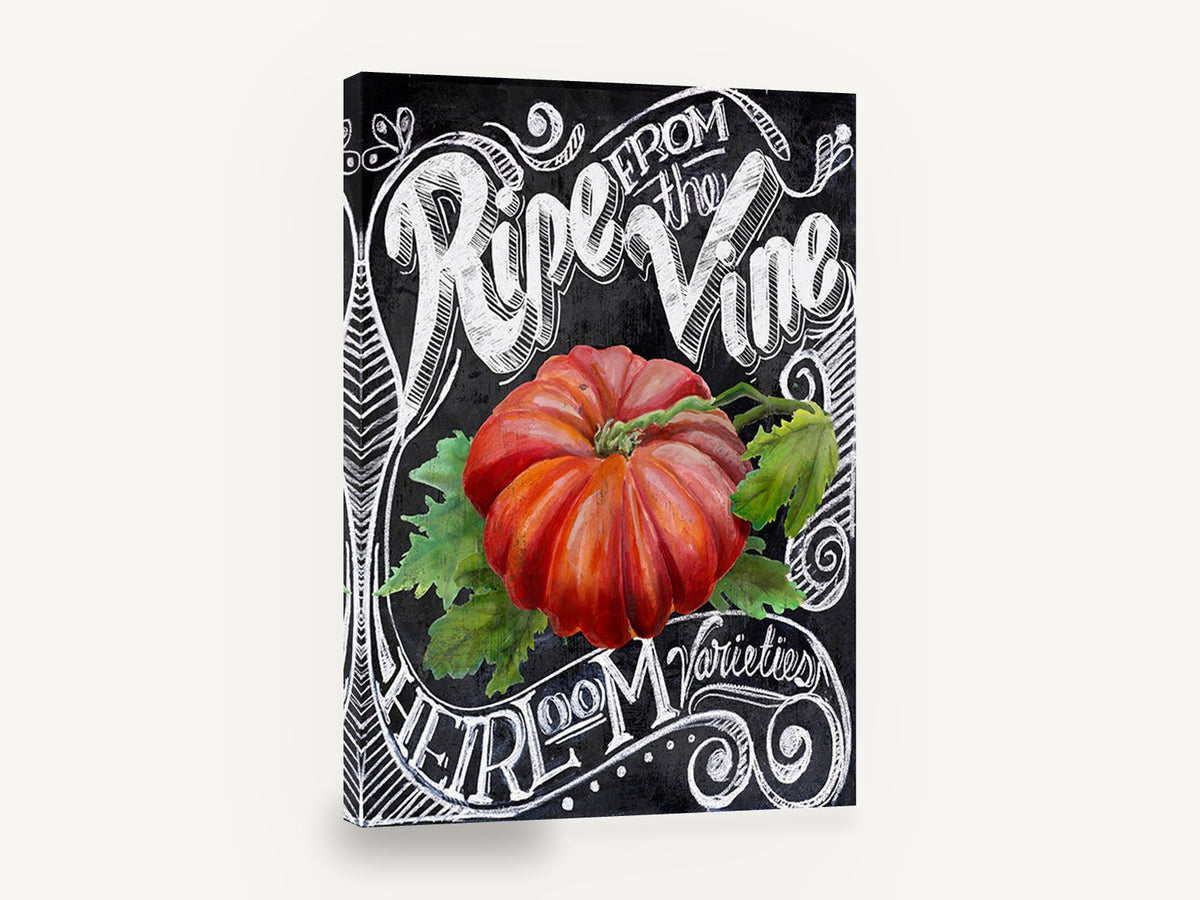 Ripe Heirloom Chalkboard, heirloom tomato chalkboard typography, floral canvas wall art print ready to hang