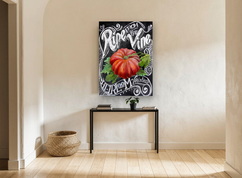 Ripe Heirloom Chalkboard floral canvas print on the wall of a hallway