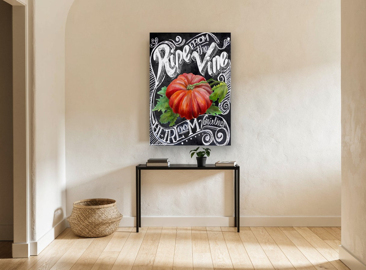 Ripe Heirloom Chalkboard floral canvas print on the wall of a hallway