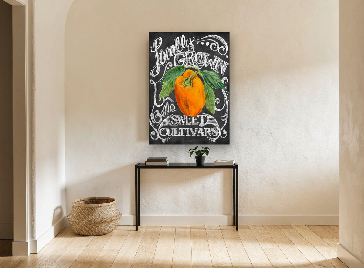 Chalkboard Orange Capsicum floral canvas print on the wall of a hallway