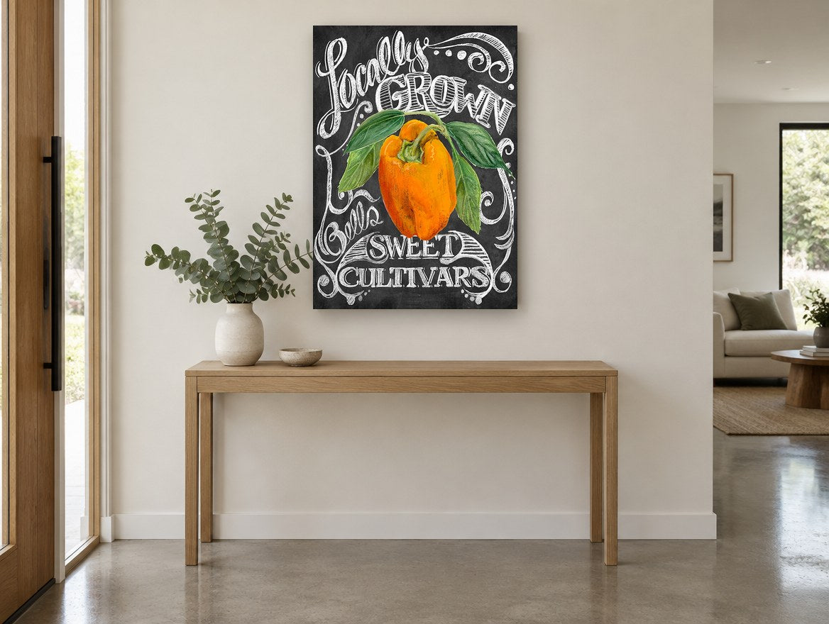 Chalkboard Orange Capsicum floral canvas print on the wall of a entry hall