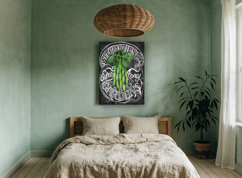 Chalkboard Green Beans floral canvas print on the wall of a bedroom