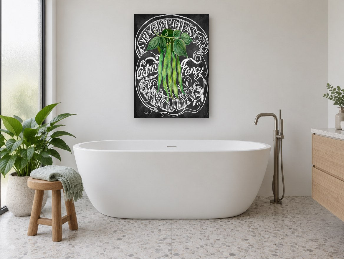 Chalkboard Green Beans floral canvas print on the wall of a bathroom