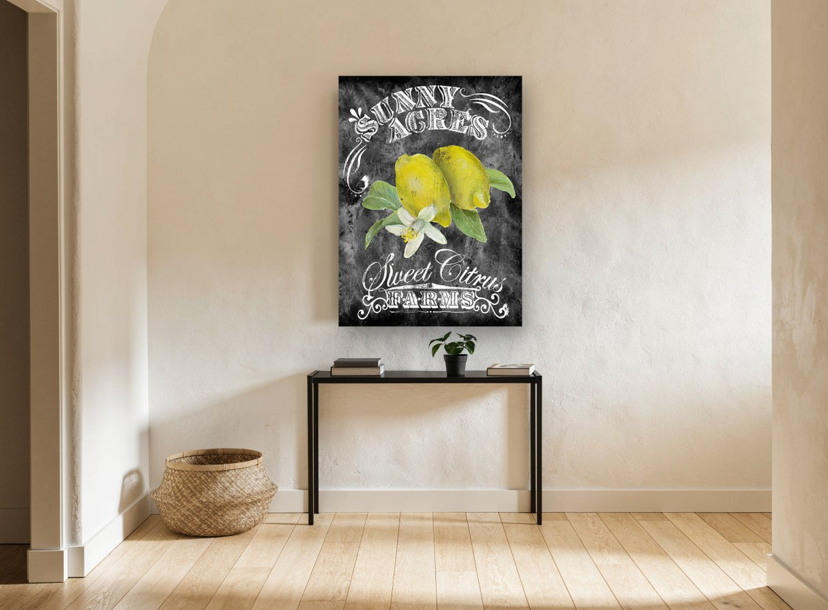 Lemon Chalkboard Sign floral canvas print on the wall of a hallway