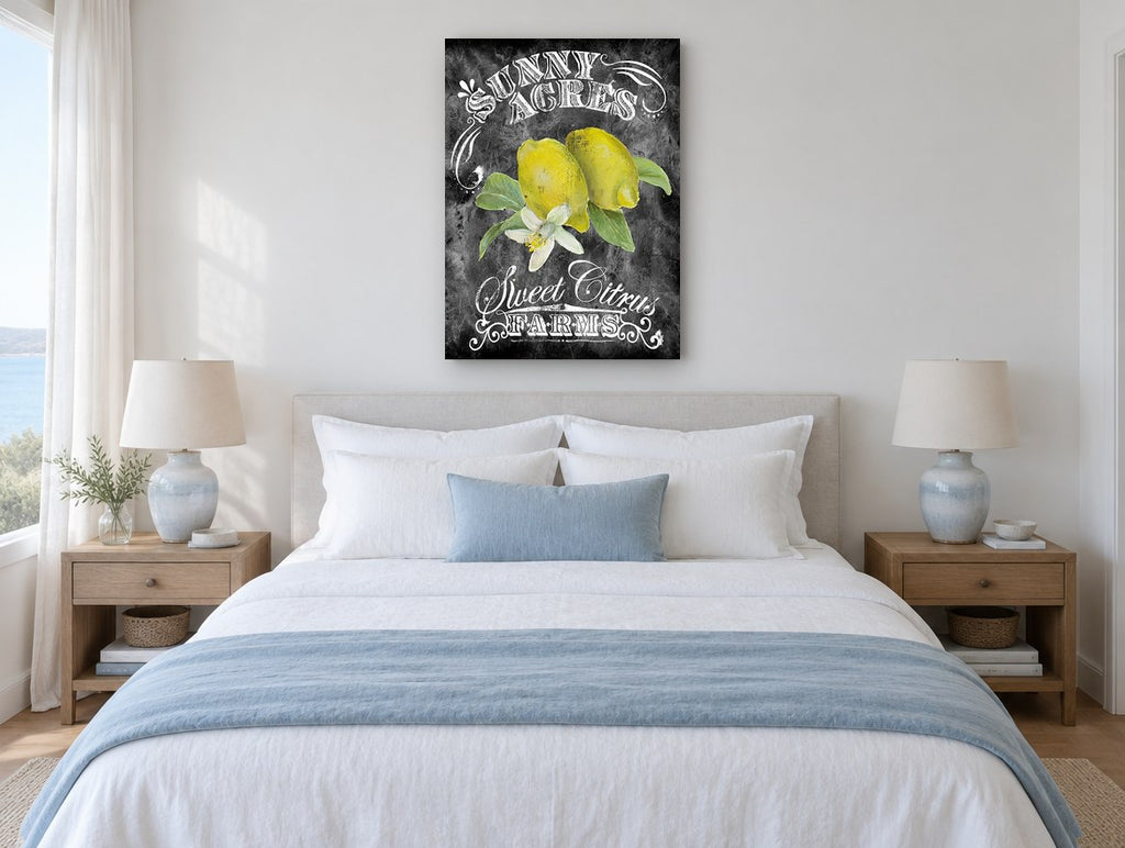 Lemon Chalkboard Sign floral canvas print on the wall of a coastal bedroom