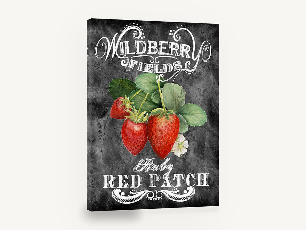 Wildberry Chalkboard Strawberries, strawberry chalkboard sign typography, floral canvas wall art print ready to hang