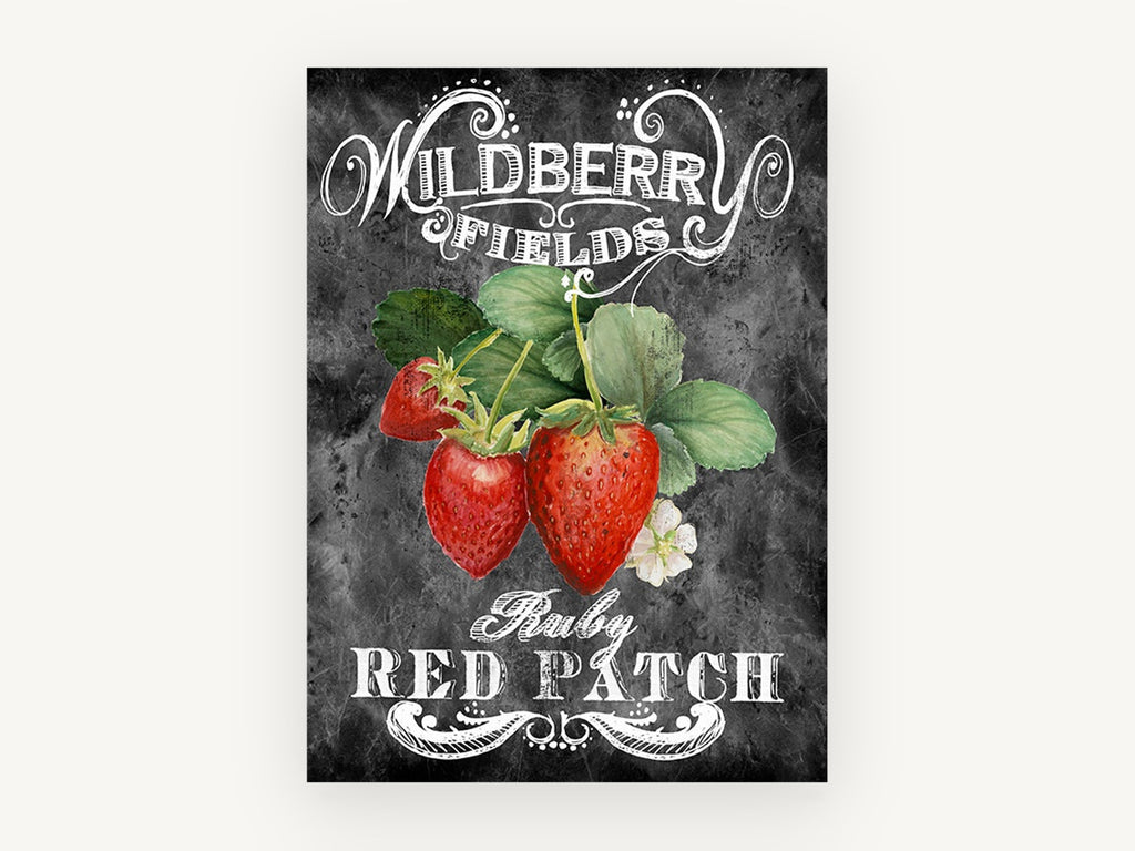 Wildberry Chalkboard Strawberries, floral canvas wall art print, front view