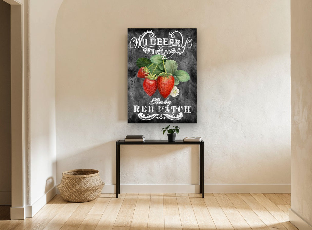 Wildberry Chalkboard Strawberries floral canvas print on the wall of a hallway