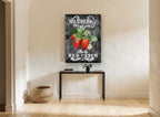 Wildberry Chalkboard Strawberries floral canvas print on the wall of a hallway