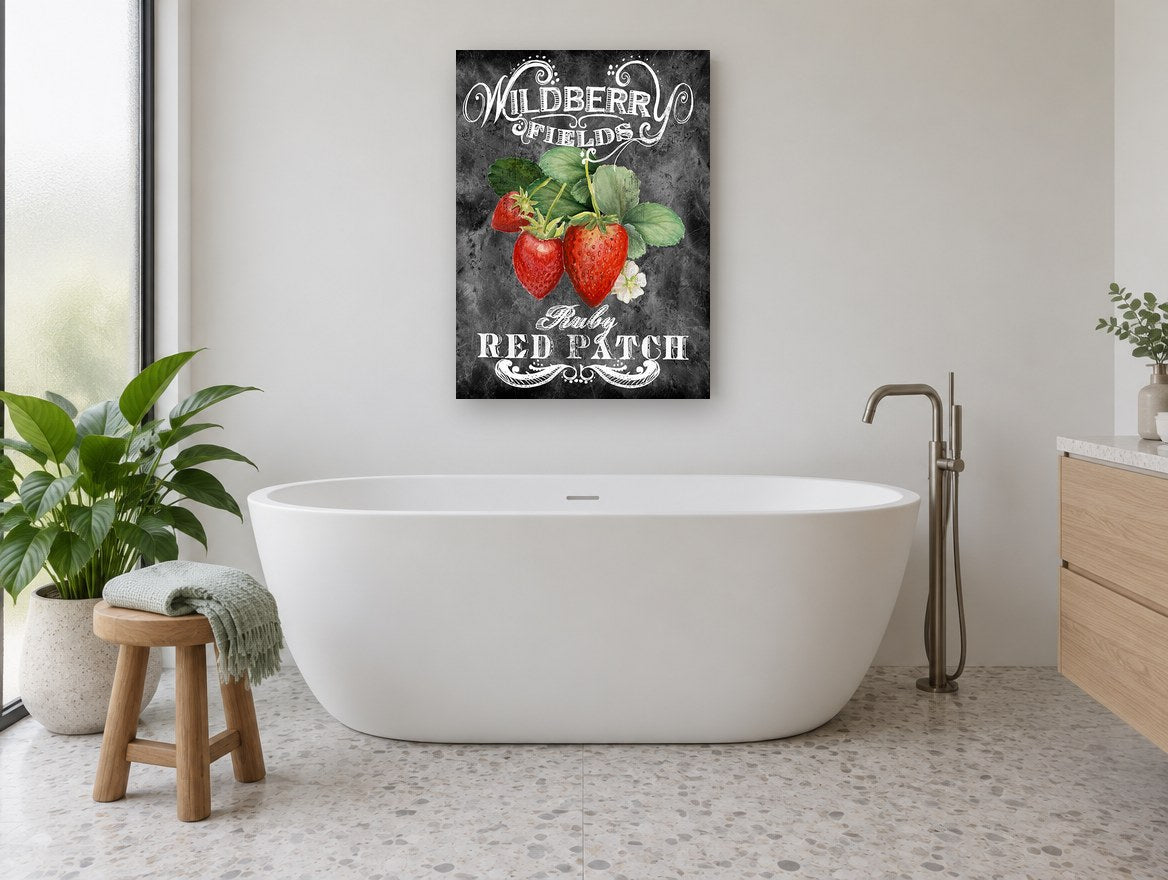 Wildberry Chalkboard Strawberries floral canvas print on the wall of a bathroom