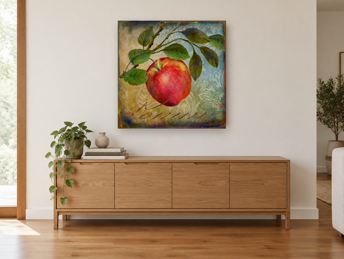 Orchard Apple Pomme kitchen canvas print on the wall of a living room above a sideboard