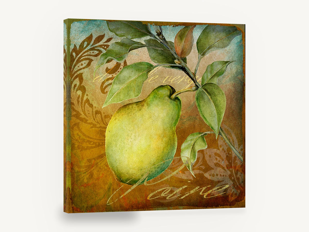 Grove Pear Damask, green pear branch botanical kitchen, kitchen canvas wall art print ready to hang