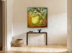 Grove Pear Damask kitchen canvas print on the wall of a hallway