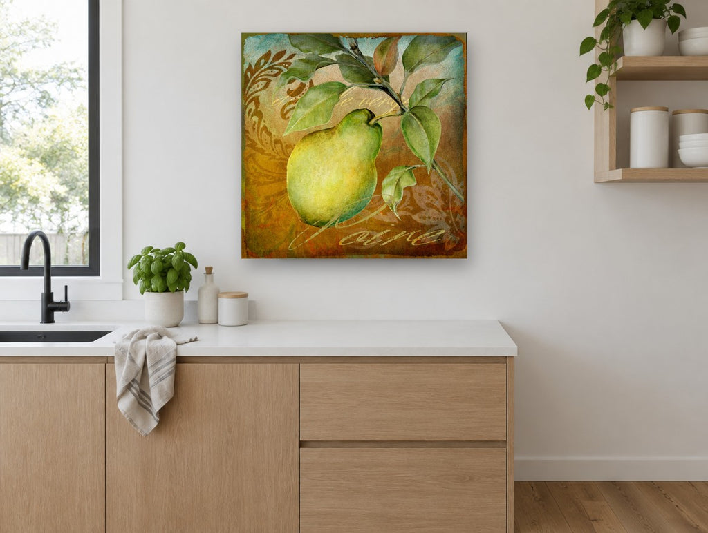 Grove Pear Damask kitchen canvas print on the wall of a kitchen