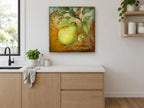 Grove Pear Damask kitchen canvas print on the wall of a kitchen