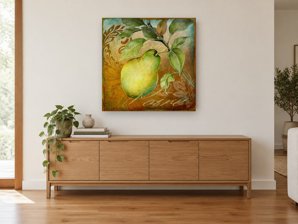 Grove Pear Damask kitchen canvas print on the wall of a living room above a sideboard