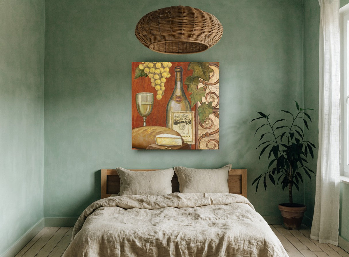 Tuscan Wine Tasting vintage canvas print on the wall of a bedroom