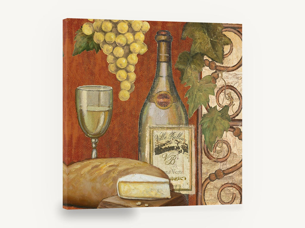 Tuscan Wine Tasting, vintage white wine and cheese, stretched canvas wall art print ready to hang