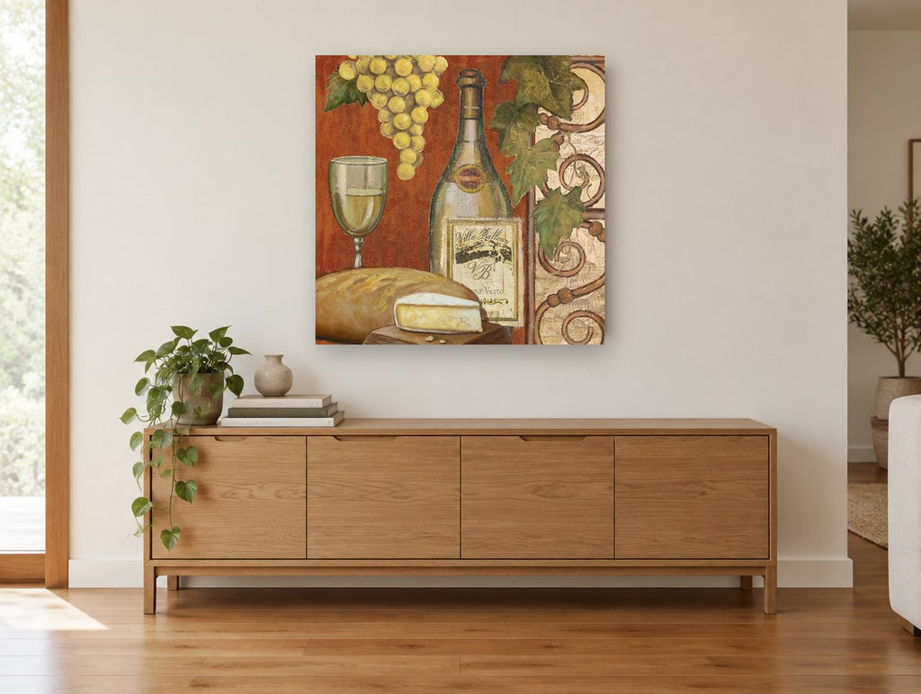 Tuscan Wine Tasting vintage canvas print on the wall of a living room above a sideboard