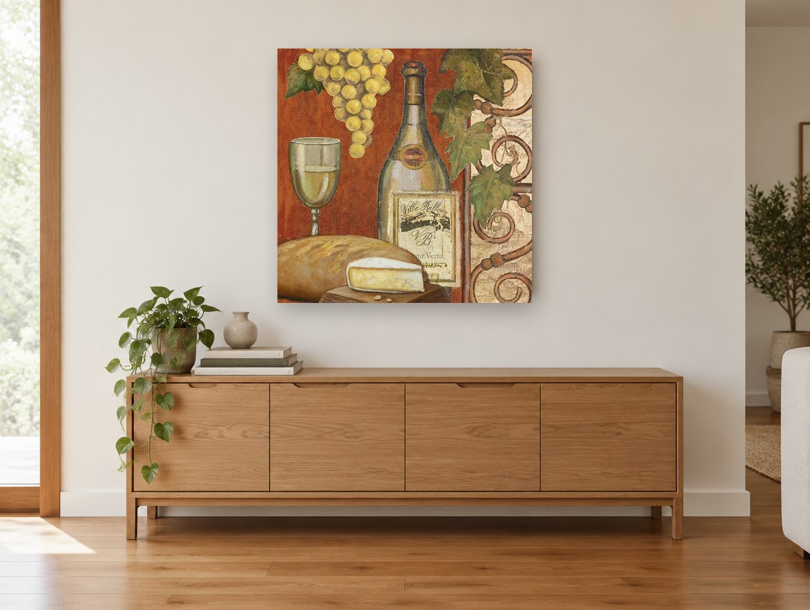 Tuscan Wine Tasting vintage canvas print on the wall of a living room above a sideboard