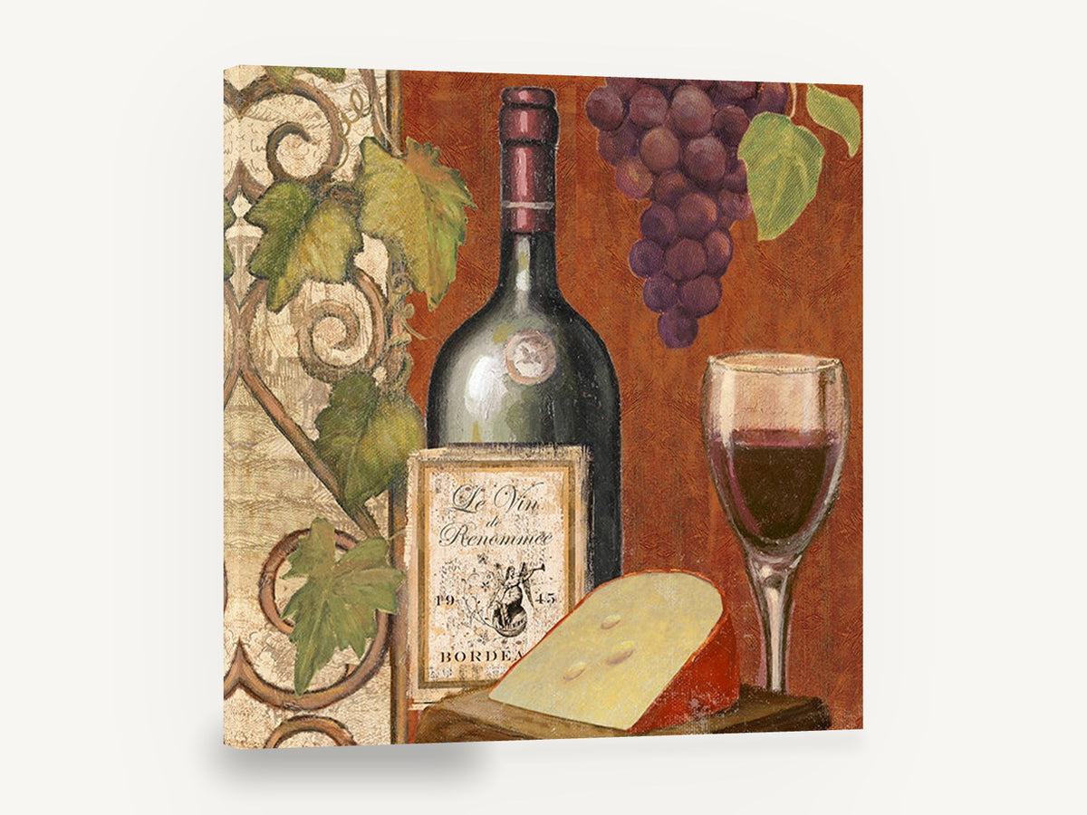 Le Vin de Renommée, vintage bordeaux wine and cheese, stretched canvas wall art print ready to hang