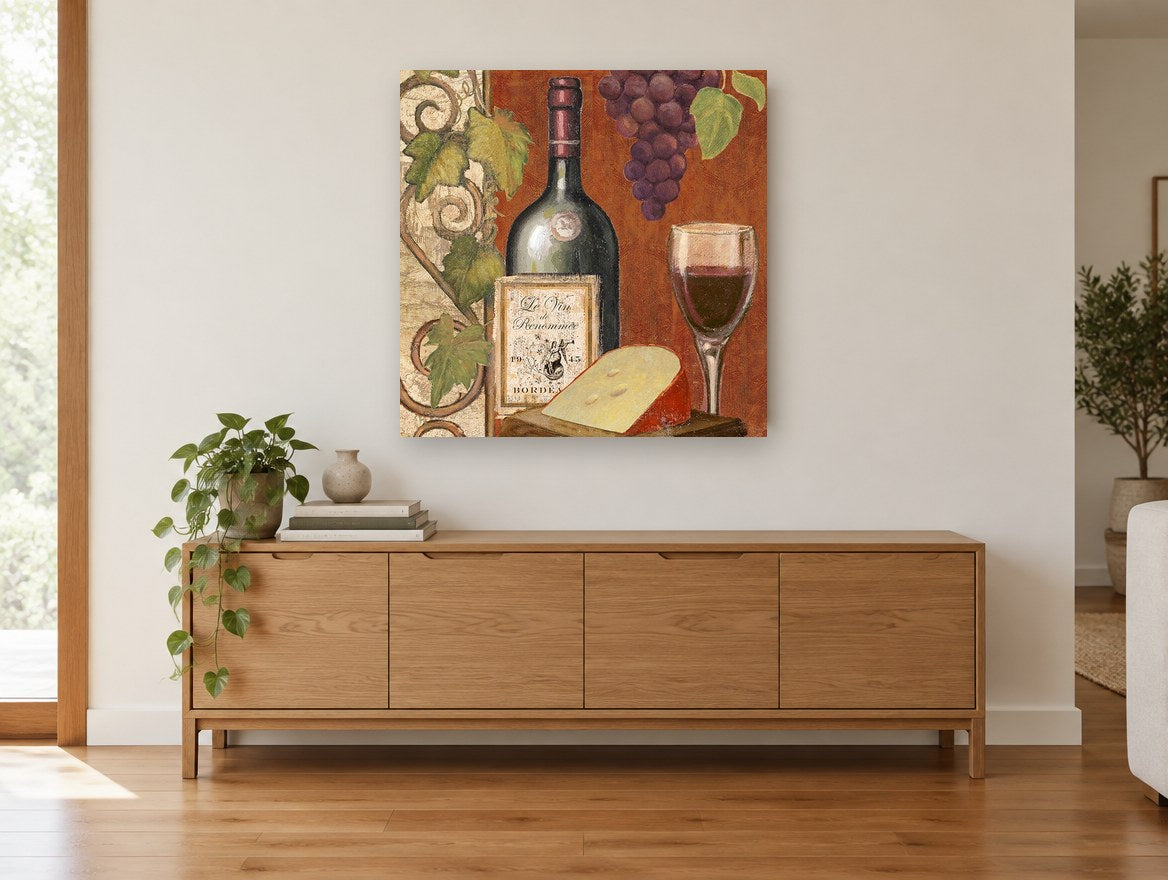 Le Vin de Renommée vintage canvas print on the wall of a living room above a sideboard