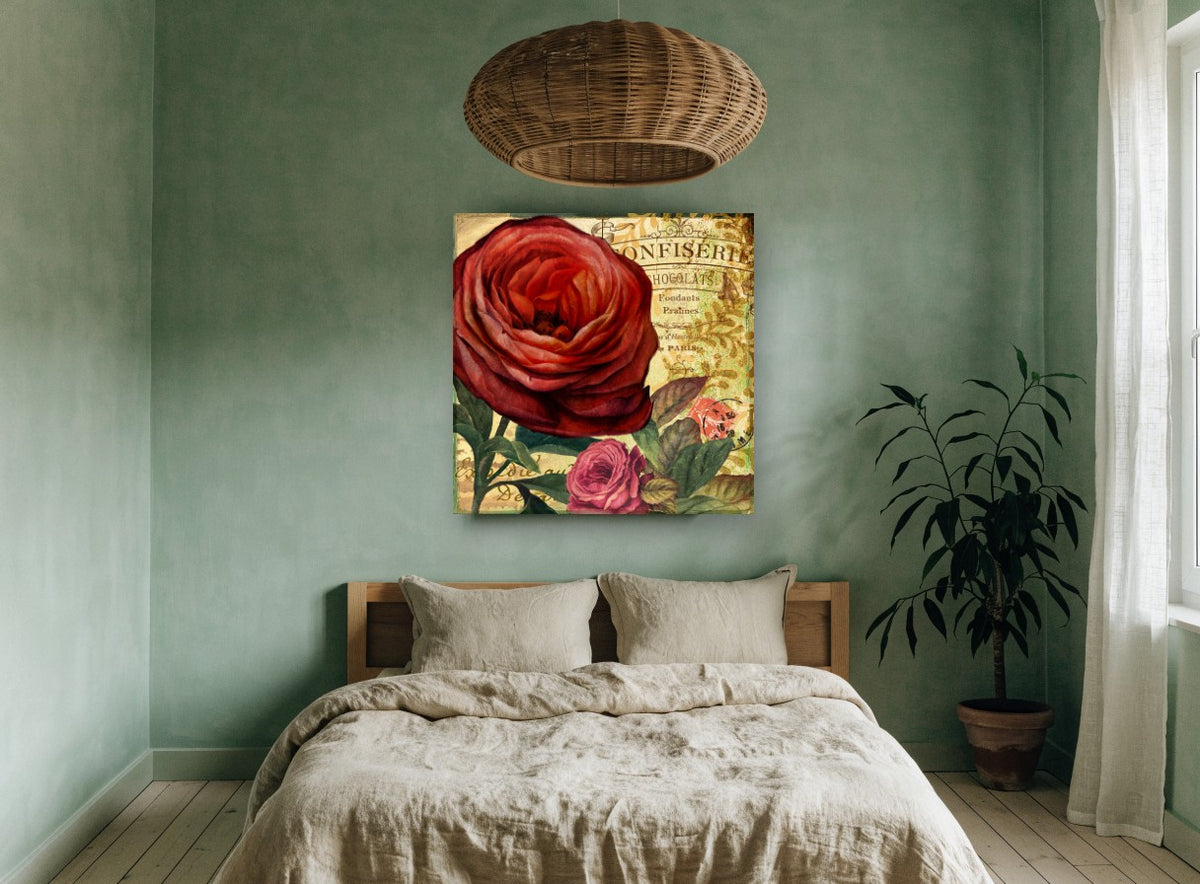 Confiserie Red Ranunculus vintage canvas print on the wall of a bedroom