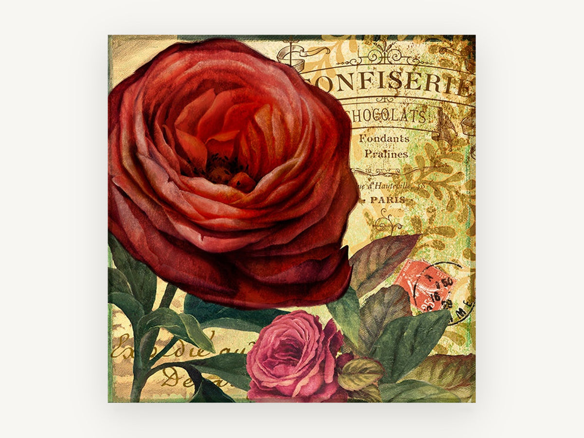 Confiserie Red Ranunculus, vintage canvas wall art print, front view