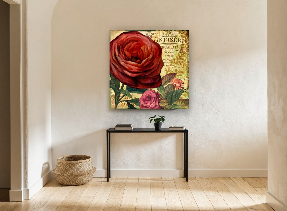 Confiserie Red Ranunculus vintage canvas print on the wall of a hallway
