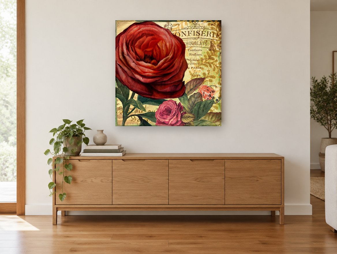 Confiserie Red Ranunculus vintage canvas print on the wall of a living room above a sideboard