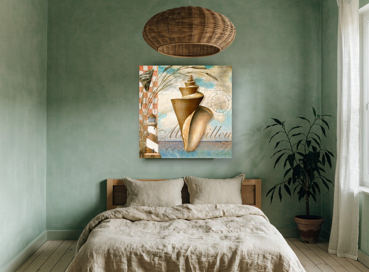 Conch and Lighthouse Collage coastal canvas print on the wall of a bedroom