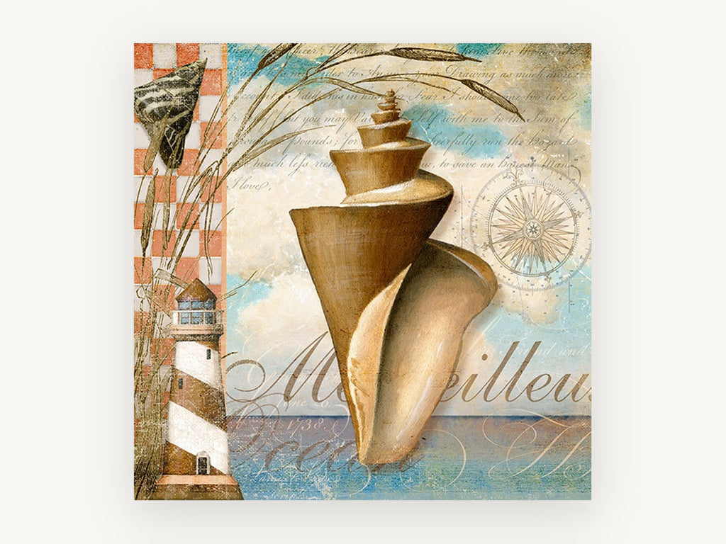 Conch and Lighthouse Collage, coastal canvas wall art print, front view