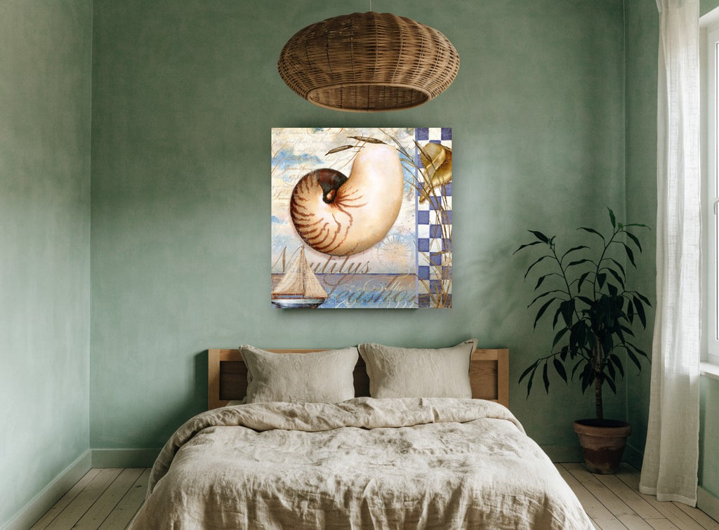 Nautilus Shell Collage coastal canvas print on the wall of a bedroom