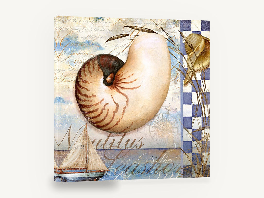 Nautilus Shell Collage, nautilus shell nautical collage illustration, coastal canvas wall art print ready to hang