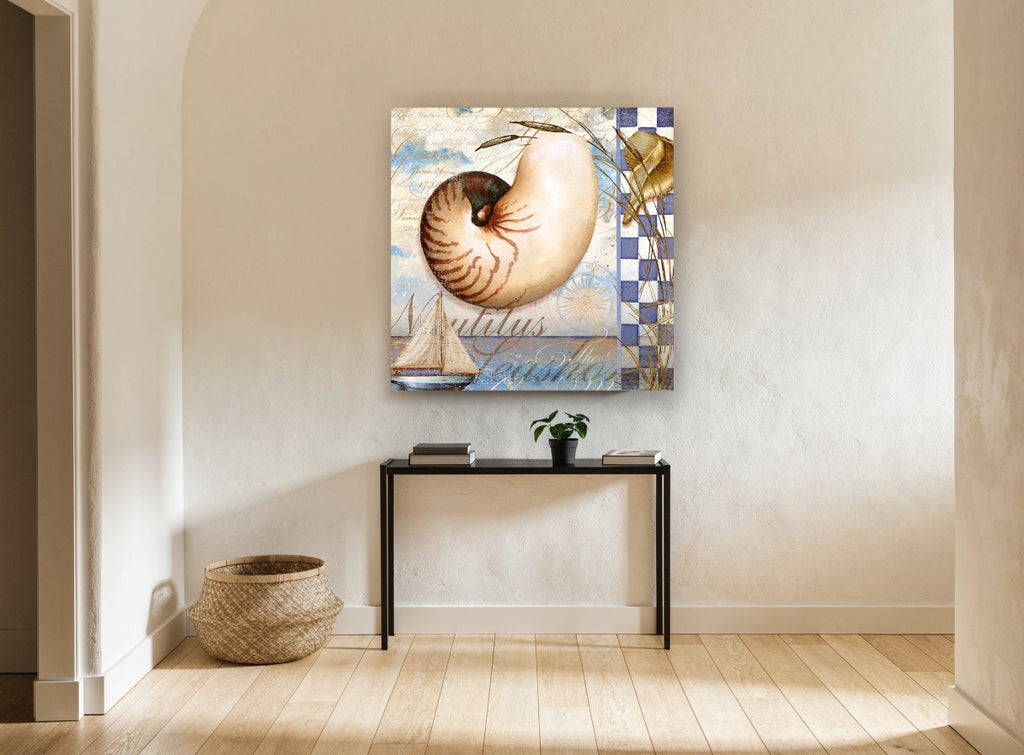 Nautilus Shell Collage coastal canvas print on the wall of a hallway