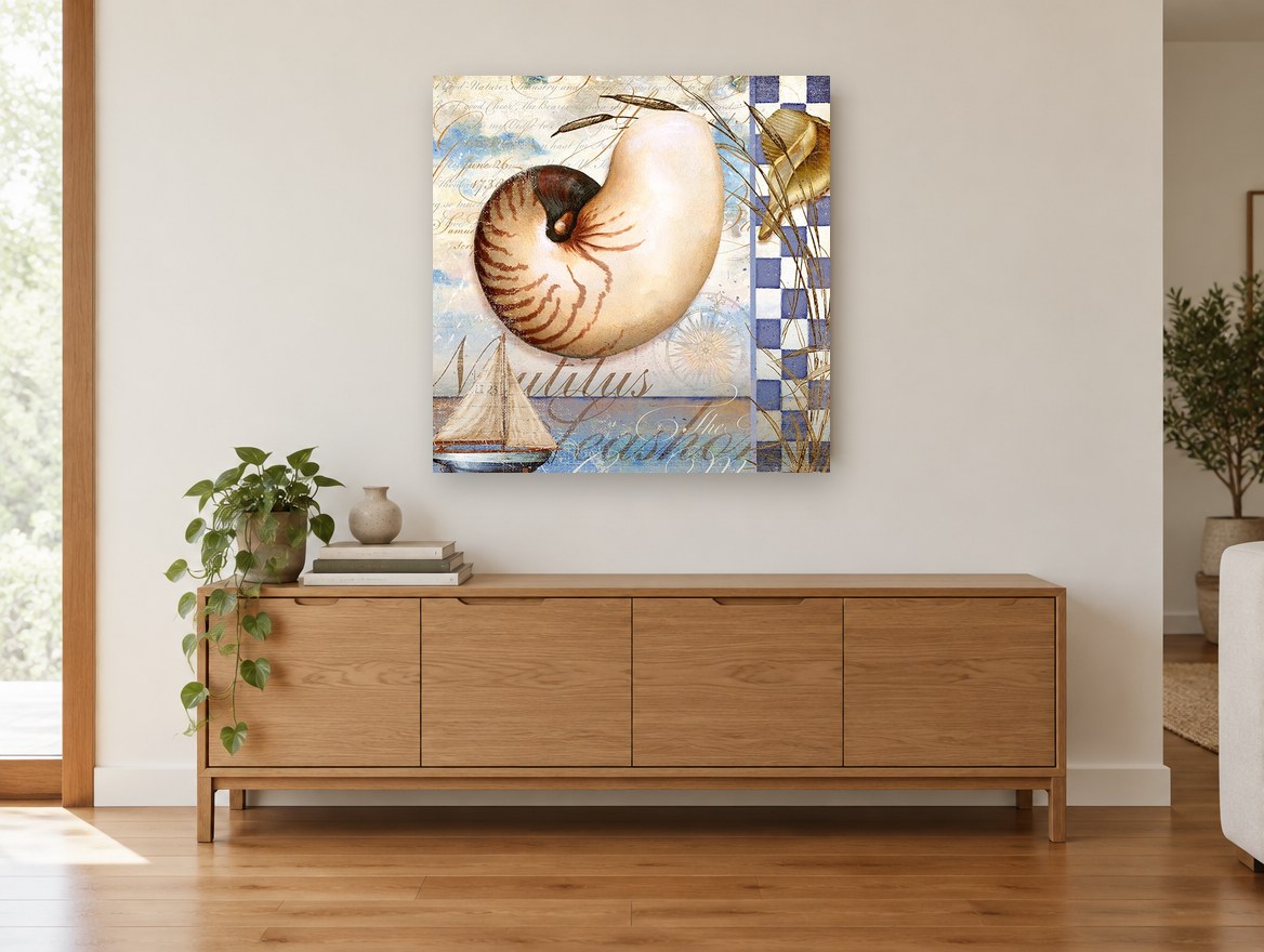 Nautilus Shell Collage coastal canvas print on the wall of a living room above a sideboard